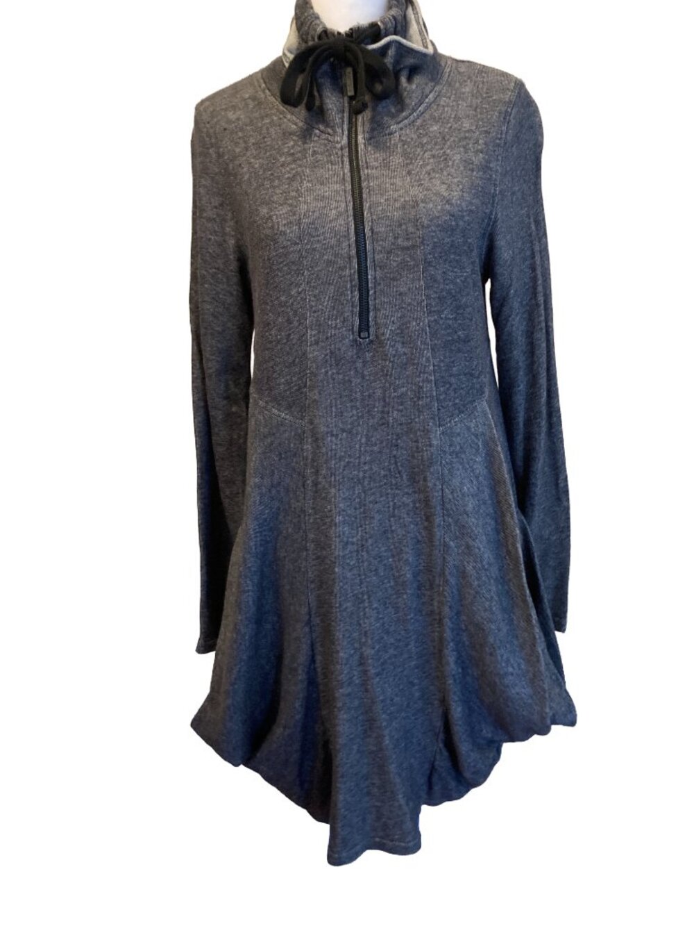 Kensie French Terry Dress M • Charcoal Gray • Half Zip Tie Neck • Draped Pockets
